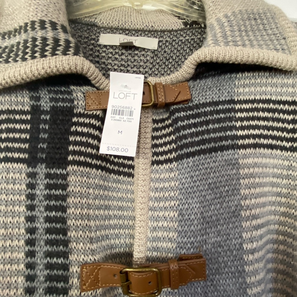 Loft Plaid Cardigan Sweater with Fasteners, NWT